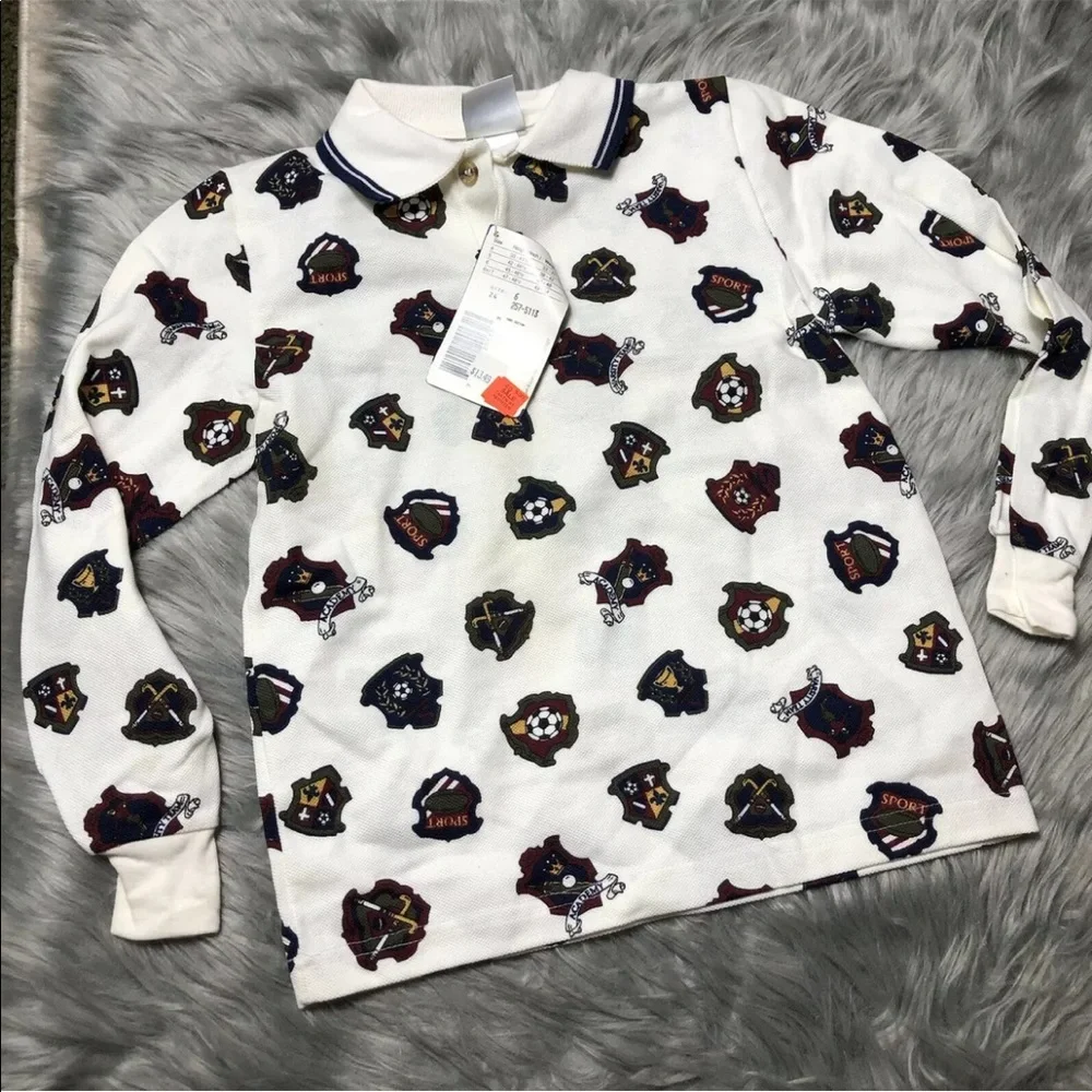 Vintage Oshkosh Bgosh Boys White Polo Long Sleeve Sport Academy Print